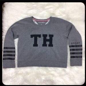 Tommy Hilfiger 90's Y2K Cropped Long Sleeve Sweatshirt Gray Black Medium Preppy